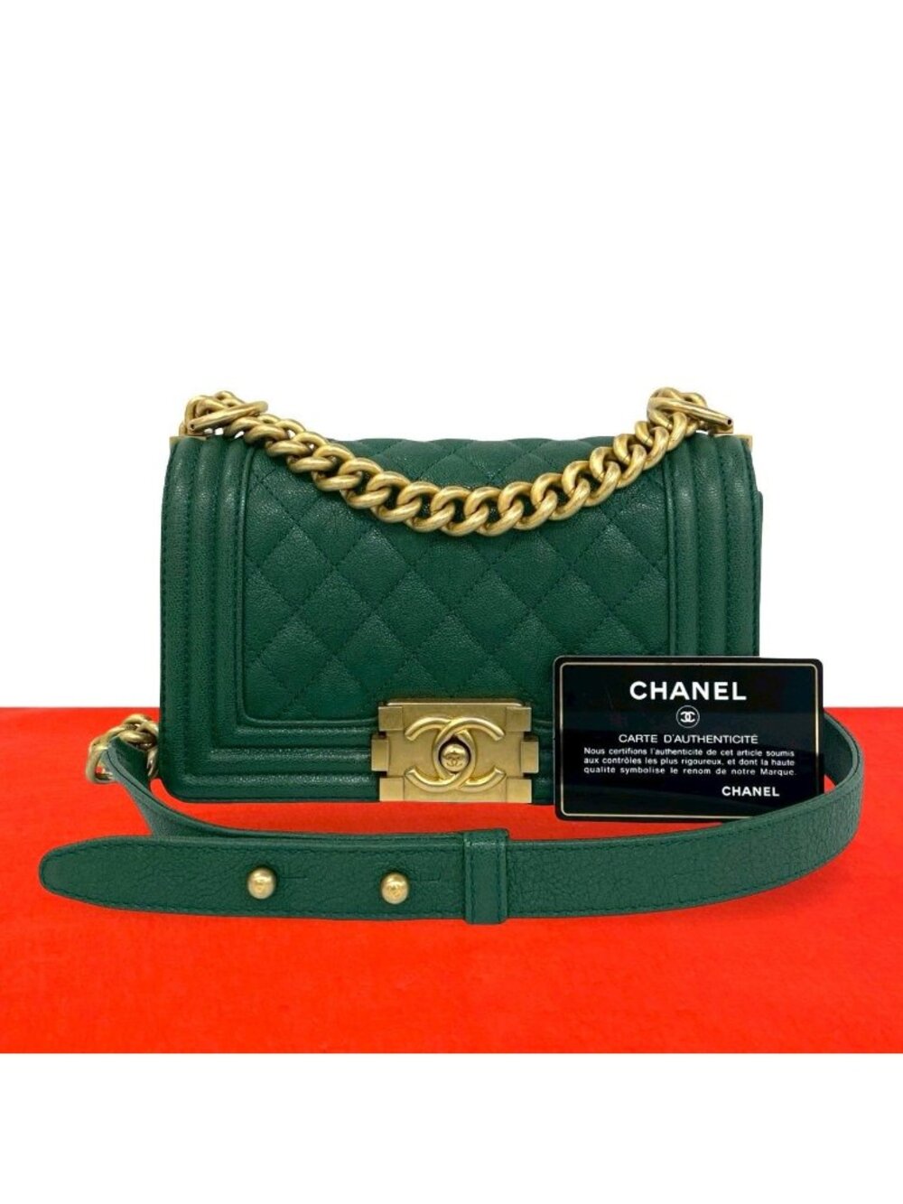 Chanel Card Present Boy CC Logo Caviar Leather Shoulder Bag Green